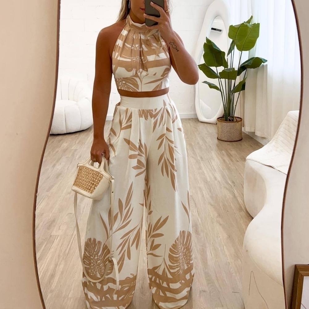 Backless 2 Piece,Summer Sleeveless Tropical Striped Crop Top & Pants